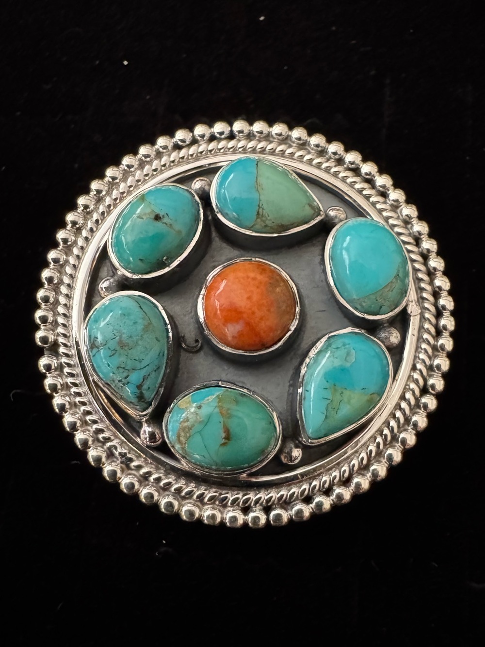 Genuine Turquoise & spiny‎ oyster Stone sterling silver statement, ring-